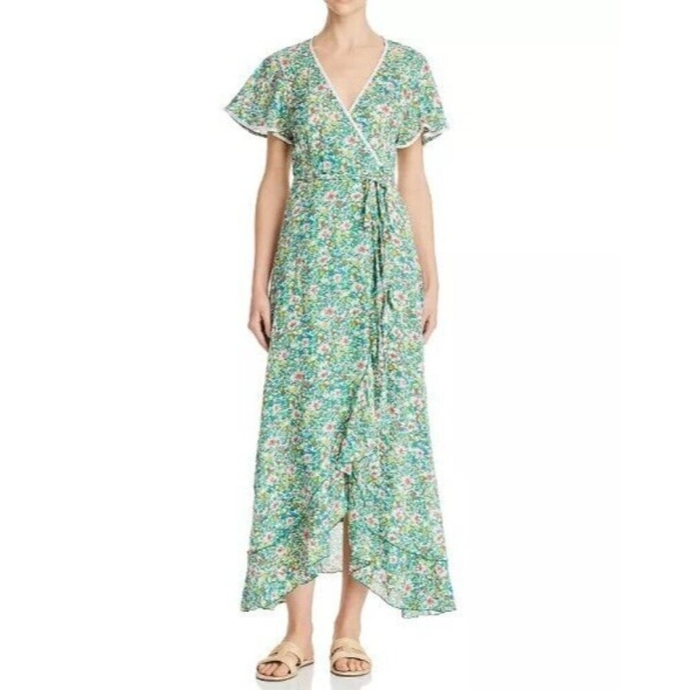 Poupette St Barth Wrap Dress Green Joe Floral Print Ruffle Asymmetric Hem Sz XS
